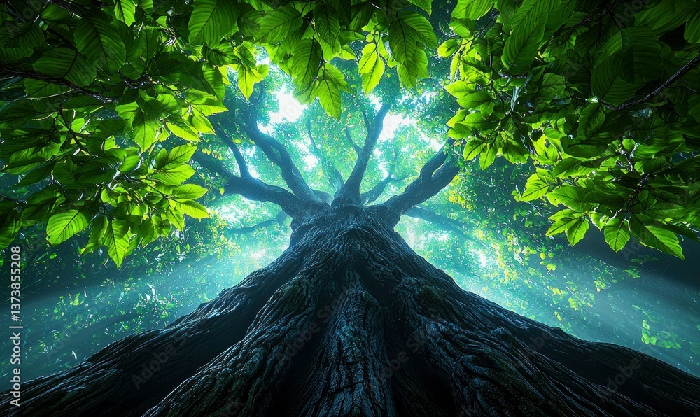 Poster looking up at a towering tree with vibrant leaves and sunlight filtering through the canopy.