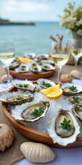 A beautiful seafood platter featuring fresh oysters on ice, garnished with lemon and herbs, set against a serene ocean background with white wine glasses nearby