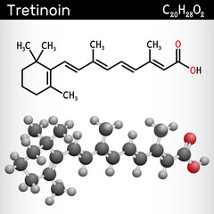 Tretinoin, ATRA molecule. All-trans retinoic acid used in dermatology. Structural chemical formula, molecule model