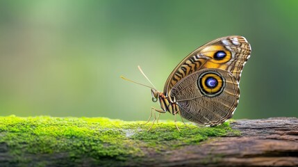 Obraz premium A mesmerizing Owl Butterfly resting on a mossy log, its intricate wing patterns mimicking the eyes of a predator.