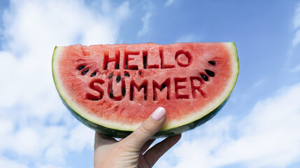 Hello Summer! Watermelon slice with greeting text. Woman's hand holding it against blue sky. Summertime concept.