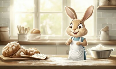 A cheerful bunny baker stands proudly beside his delicious homemade bread in a sunny kitchen.
