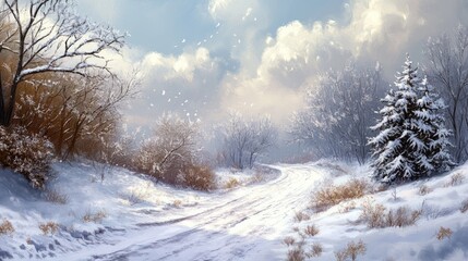 Obraz premium Winterstorm: Snowy Road Through Cold Forest landscape
