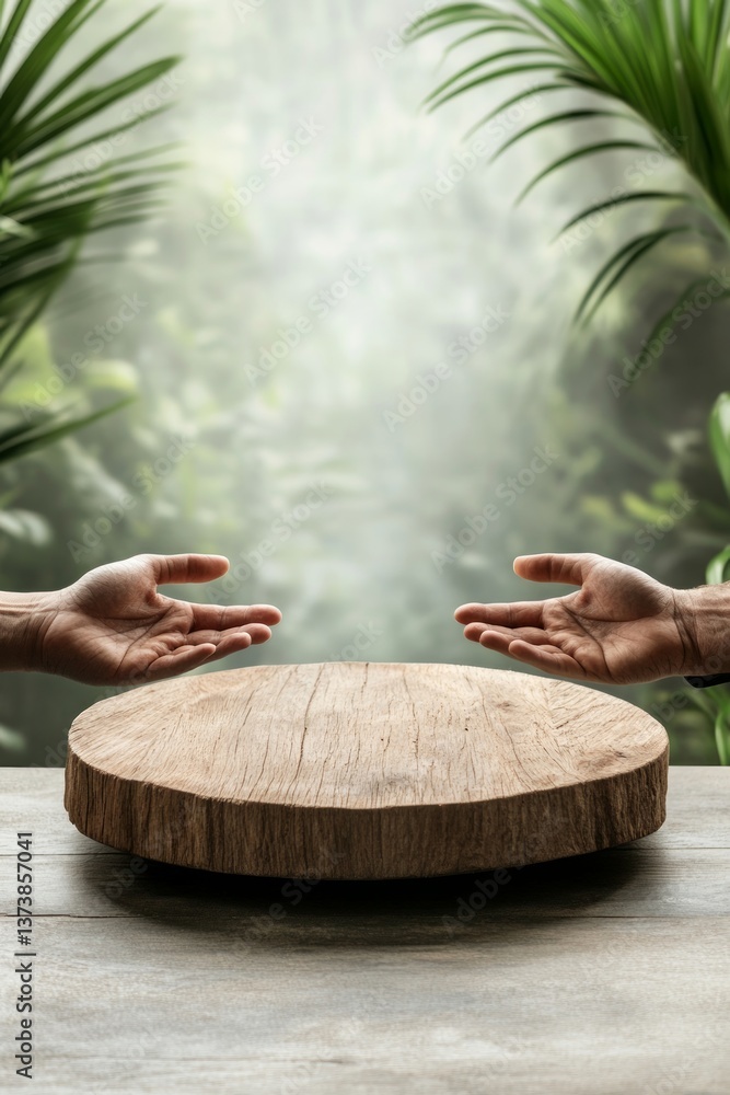 Aufkleber two hands reach out towards a rustic wooden table in a serene environment filled with vibrant greene