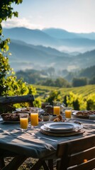 Fototapeta premium A beautiful breakfast table awaits in a serene vineyard setting. Enjoy the fresh air and picturesque views. Perfect for a relaxing morning meal. Generative AI