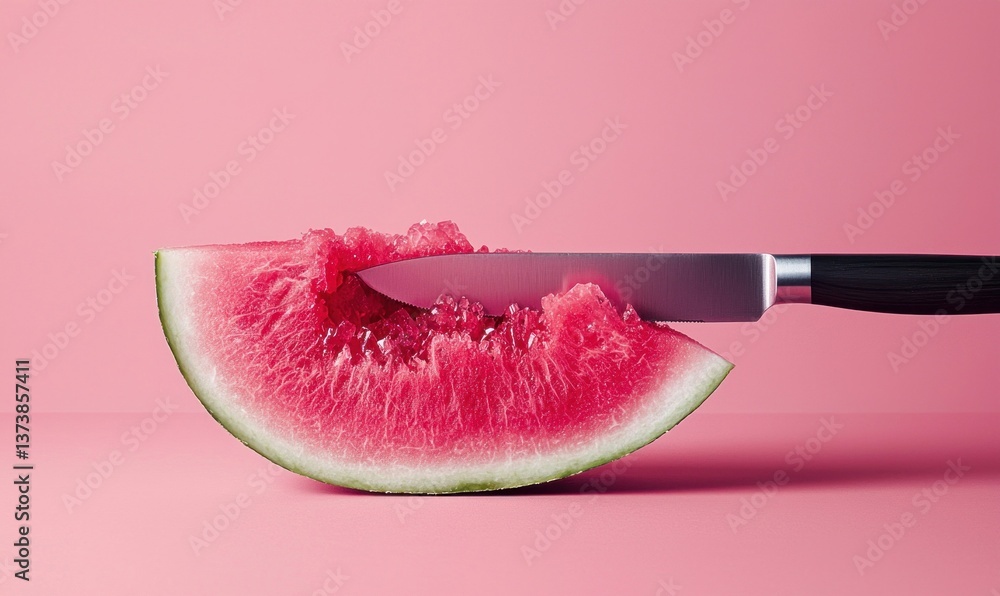 Poster a close-up of a refreshing watermelon slice with a knife stuck in it, set against a pink backdrop.