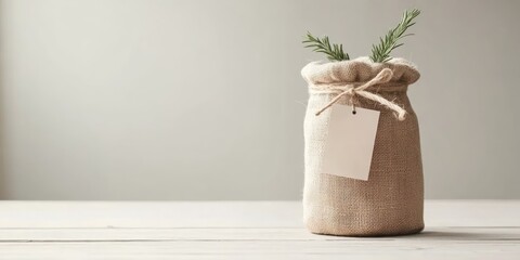 A burlap sack filled with vibrant herbs sits on a wooden table, creating a fresh and cozy atmosphere perfect for cooking and decoration