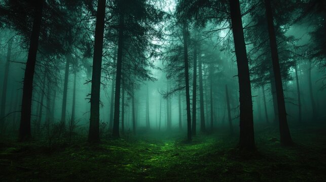 Woods Background. Dark Green Foggy Forest with Mystical Silent Light