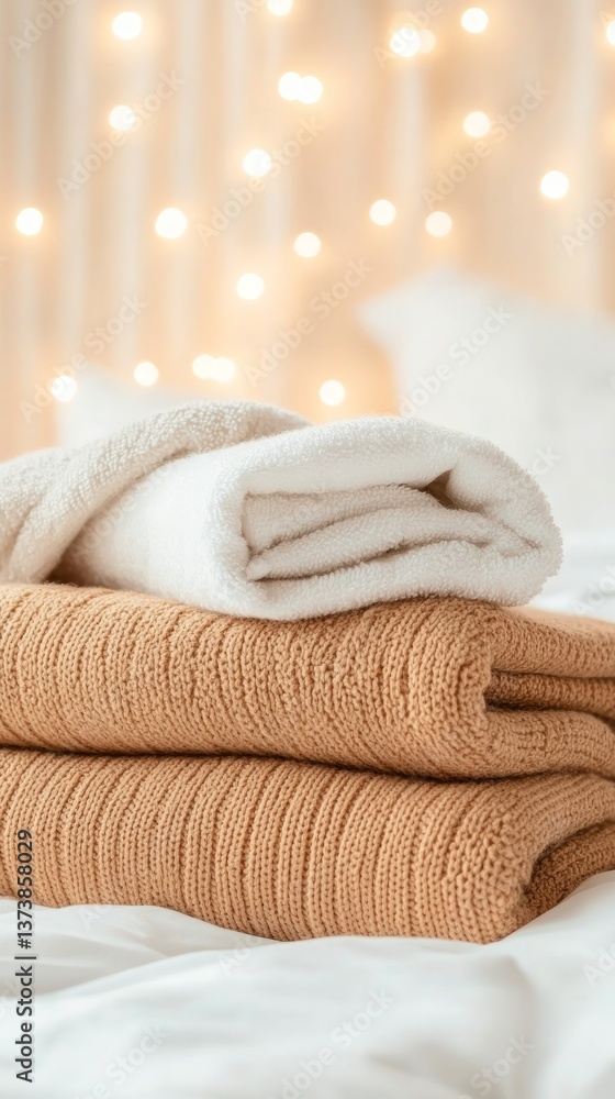 Poster a collection of soft, neatly folded towels rests on a bed, illuminated by warm ambient lights, creat