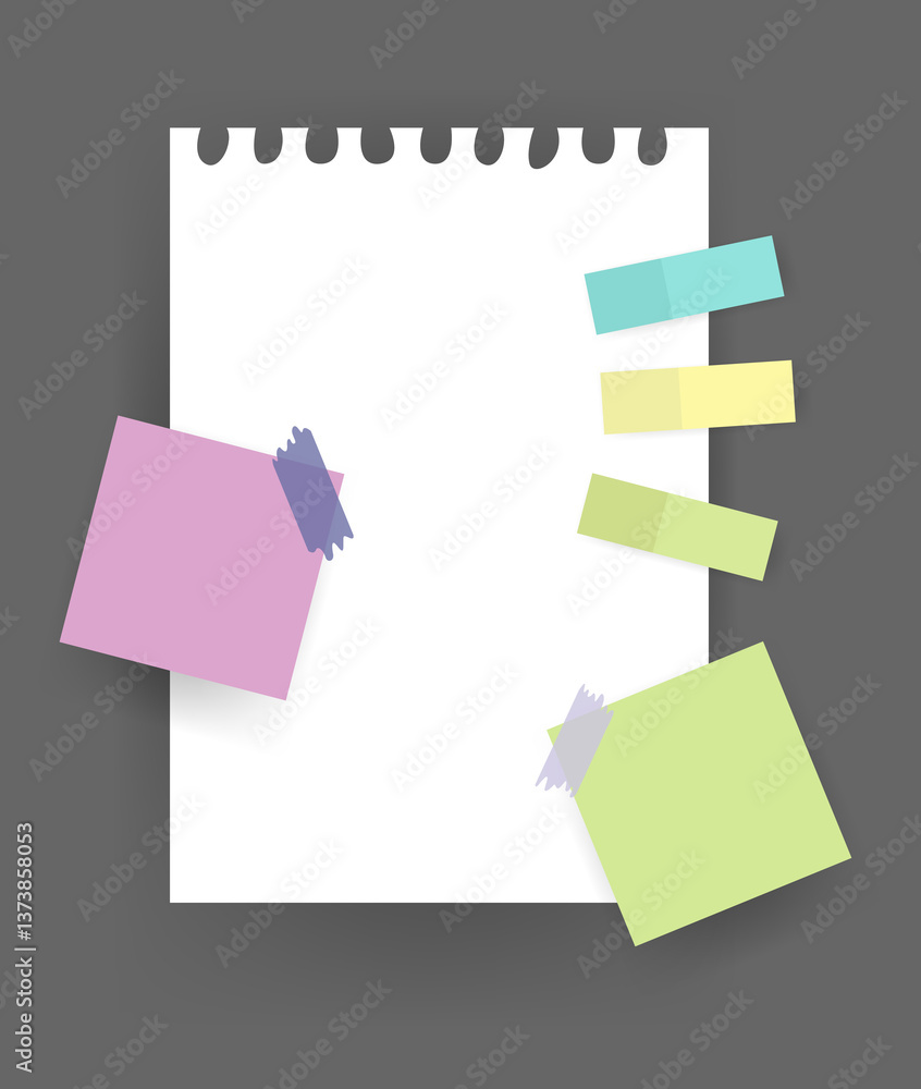 Poster paper notes stickers. place for memo messages on paper sheets. attached with sticky colorful tape on