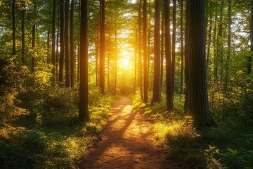Obraz premium Woods Landscape. Summer Sunset: Inspirational Wooded Path and Sun View