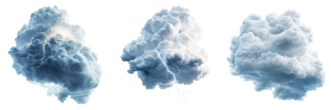 Cloud with storm thunder isolated on transparent background. PNG , Set of