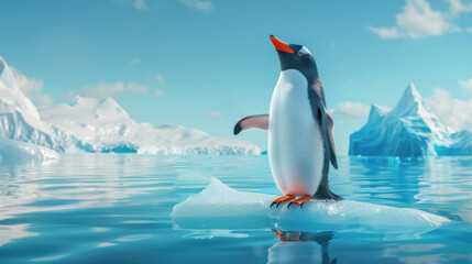 Fototapeta premium Penguin in awe while, marveling at a great sale on a sunny day in the Arctic