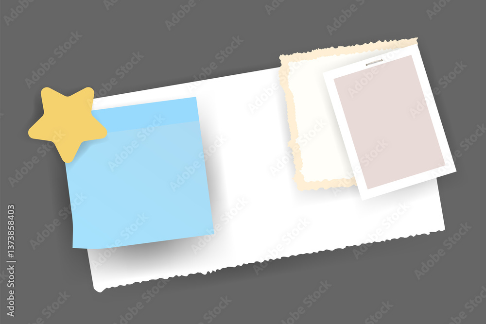 Poster paper notes stickers. place for memo messages on paper sheets. attached with sticky colorful tape on