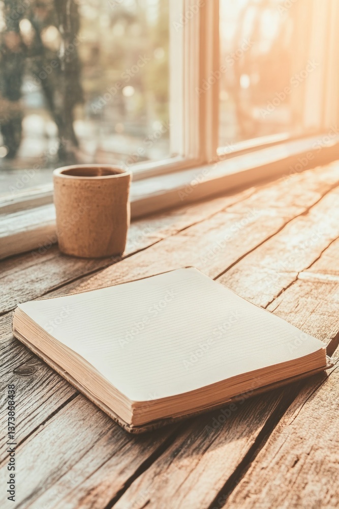 Aufkleber soft sunlight streams into the room, illuminating a rustic wooden table with an empty notebook and a
