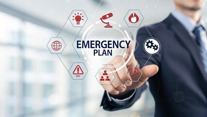 Businessman touching EMERGENCY PLAN text button to learn and prepare in emergency situation. Concept of emergency response plan