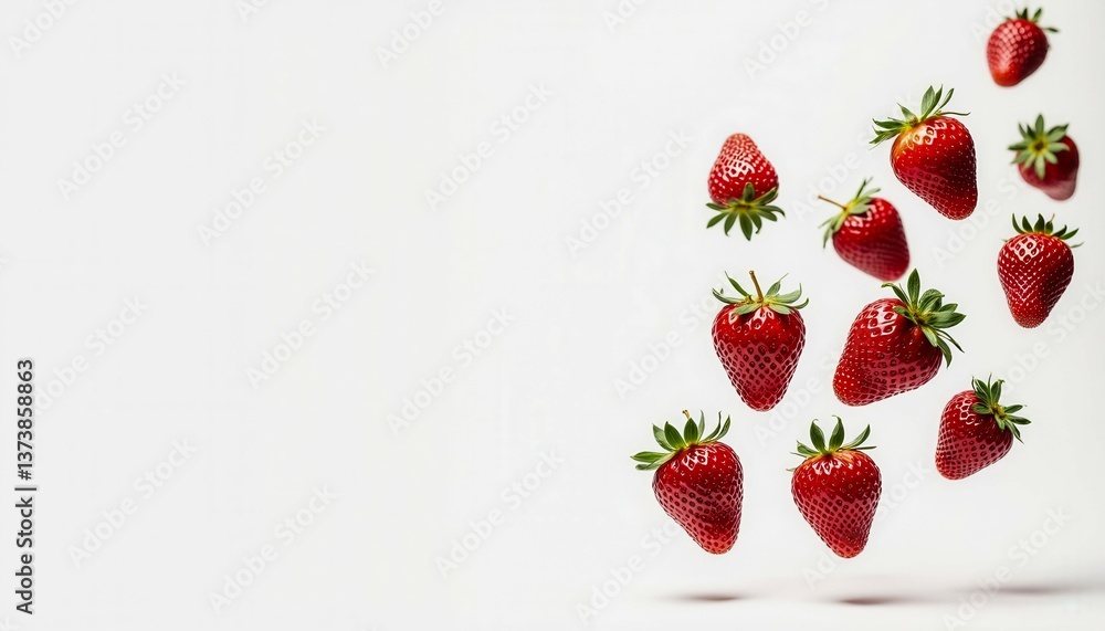 Poster a close up of a bunch of red strawberries floating in the air. concept of freshness and abundance, a