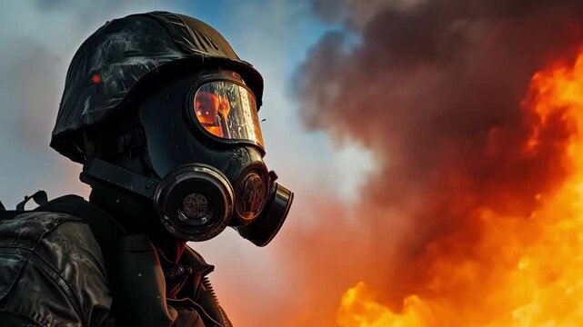 An intense scene depicting a soldier in an antipsychotic gas mask, standing amidst swirling smoke from shelling under a dramatic sunset, evoking emotions of tension and resilience.