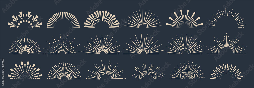 Poster sunbursts firework explosion, bursting or light rays, linear drawing and borders collection. trendy 