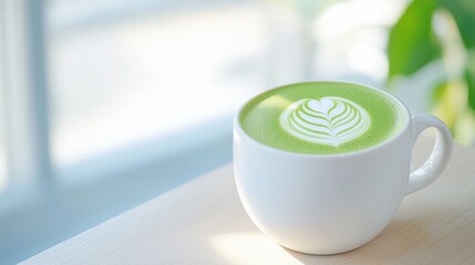 A vibrant matcha latte with a heart-shaped latte art design, placed on a wooden table with a bright, natural light background.