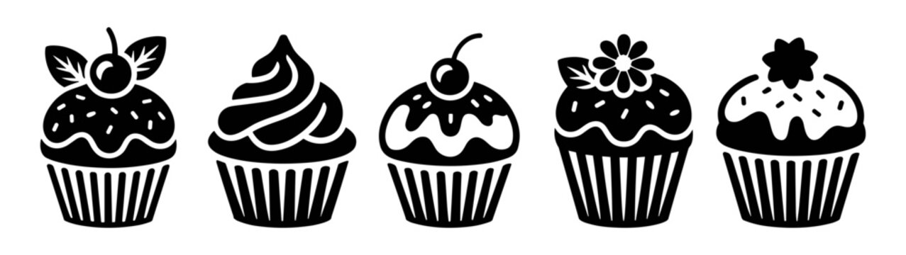 A set of cupcakes with different toppings and decorations. The cupcakes are all black and white, and they are arranged in a row. The cupcakes have various toppings such as cherries, strawberries