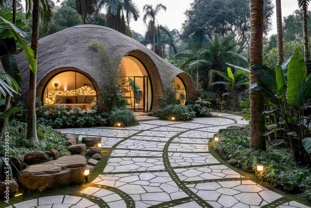 Poster a unique, modern structure with a rounded roof, surrounded by lush greenery and a winding stone path