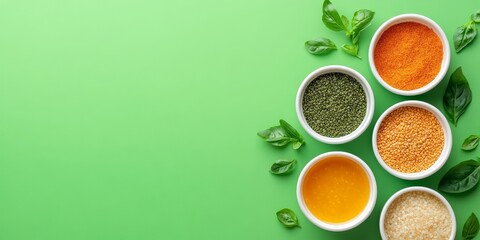 Assortment of Various Superfoods, Legumes, and Healthy Grains in Bowls on a Vibrant Green Background