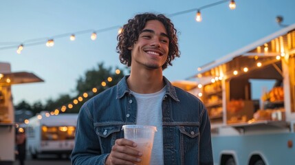 Smiling young man enjoying beverage at vibrant outdoor food mark