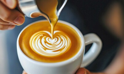 A barista expertly pours steamed milk, creating beautiful latte art with a delicate heart design.