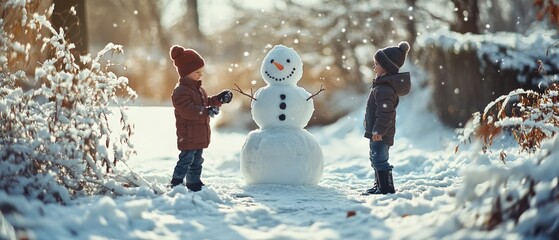 Two children, bundled warmly, delight in building a cheerful snowman under a gentle snowfall, surrounded by a serene winter landscape.