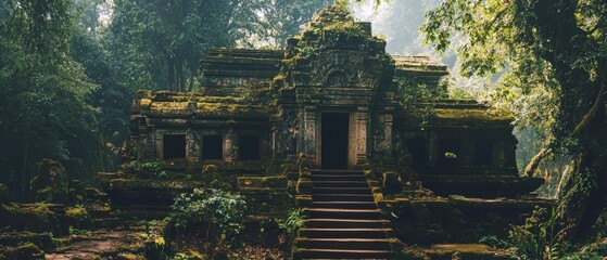 An ancient stone temple enveloped by dense jungle, exuding mystery and the allure of forgotten civilizations.