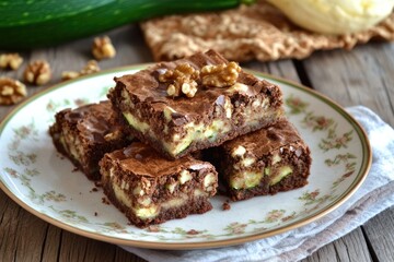 Zucchini Brownies - Delicious Chocolate Cake Dessert with Walnuts on Plate