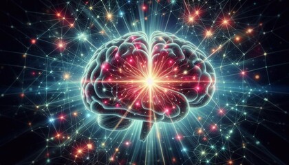 Fototapeta premium Bright glowing brain on neural network background. Artificial intelligence concept