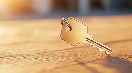 A close-up of a single key resting on a wooden surface, illuminated by warm sunlight, suggesting themes of access, security, and new beginnings.