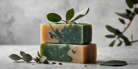 Handcrafted soap with green and orange swirls set against a neutral background and accented by fresh leaves