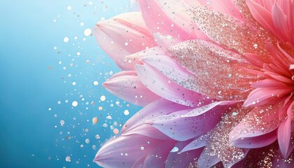 Fototapeta premium キラキラと輝く花びらが魅力のフラワーバックグラウンド, 幻想的なピンクの花と青のグラデーション背景 – フェミニンな装飾