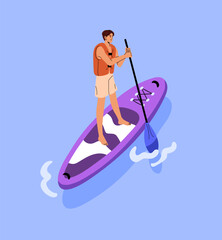 Young man in life jacket is surfing, rides on supboard in sea. Surfer rows with paddle, stands on sup board in ocean. Person is floating on water in summer vacation. Flat isolated vector illustration