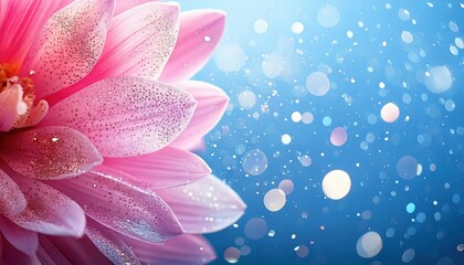 Fototapeta premium キラキラと輝く花びらが魅力のフラワーバックグラウンド, 幻想的なピンクの花と青のグラデーション背景 – フェミニンな装飾