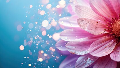 Fototapeta premium ピンクのガーベラとブルー背景の美しい花のアップ – 春のデザイン素材