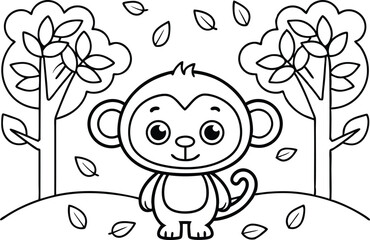 Line Art Cute Monkey Standing in Forest with Falling Leaves and Trees