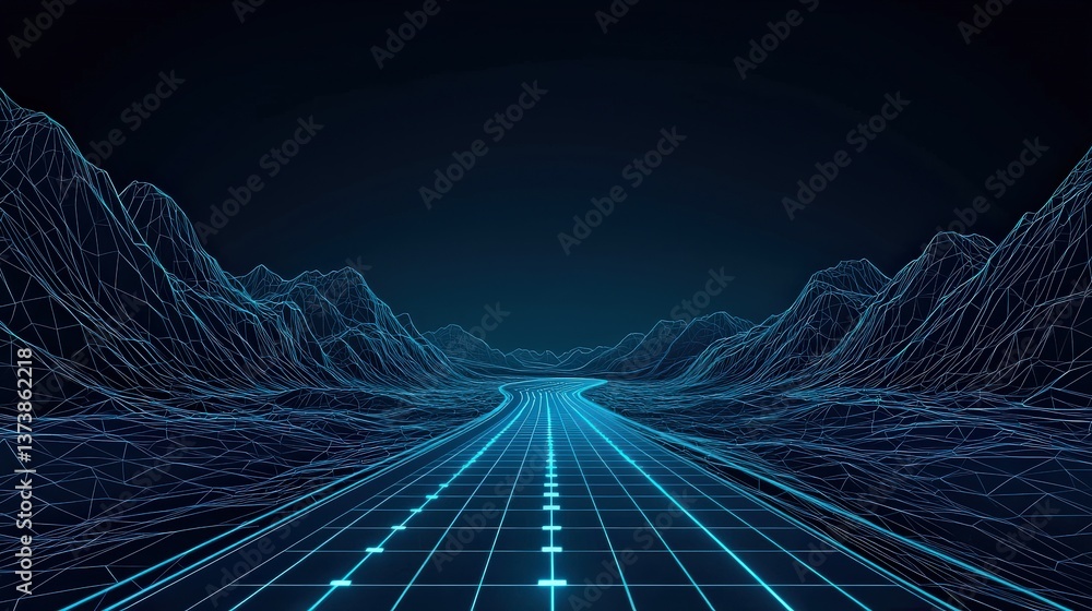 Poster successful project management timeline concept. futuristic wireframe landscape with illuminated grid