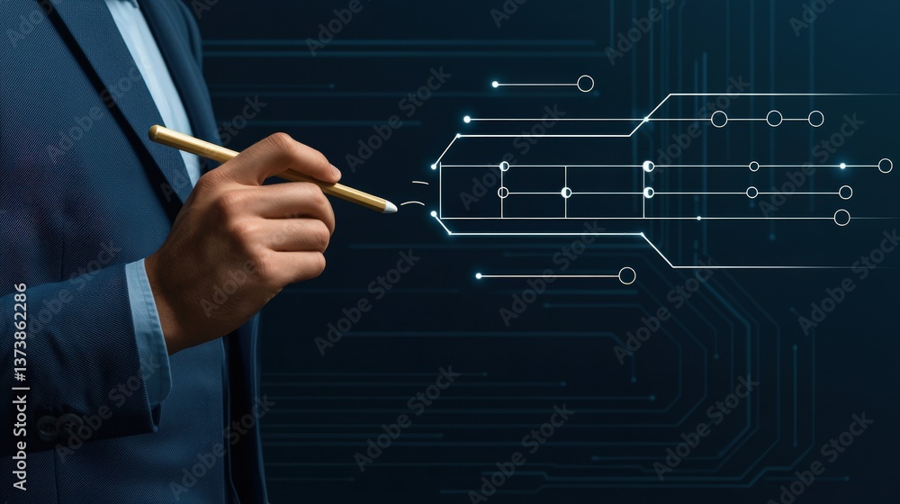 Aufkleber successful project management timeline concept. a hand holding a stylus with digital circuit lines i