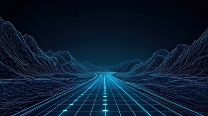 Successful project management timeline concept. Futuristic wireframe landscape with illuminated grid path.