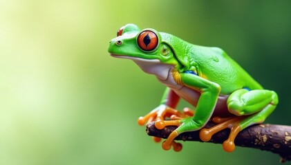 Green tree frog perched on white, vibrant skin, detail, studio shot