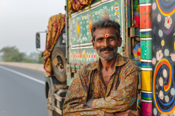 Obraz premium an Elderly Indian man with a warm smile, leaning against a vibrantly decorated truck. Cultural portrait, travel, road trip, folk art, traditional clothing, authentic.