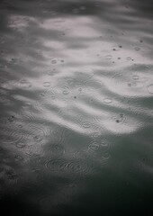 Raindrops creating ripples on water surface.