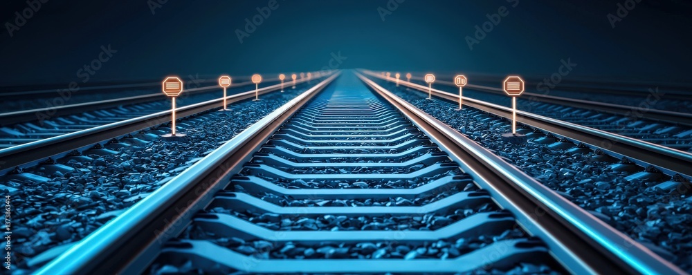 Poster successful project management timeline concept. railway tracks extending into the distance under a d