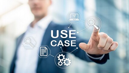 Man working on virtual touch screen presses inscription: USE CASE. Use case analysis business technology concept