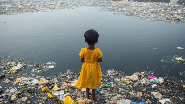 Child standing in front of polluted river filled with plastic waste highlights impact of environmental neglect and pollution on World Environment Day