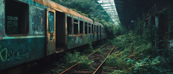 An overgrown train, swallowed by nature, sits quietly on rusted tracks, echoing forgotten journeys amidst a lush, green canopy.